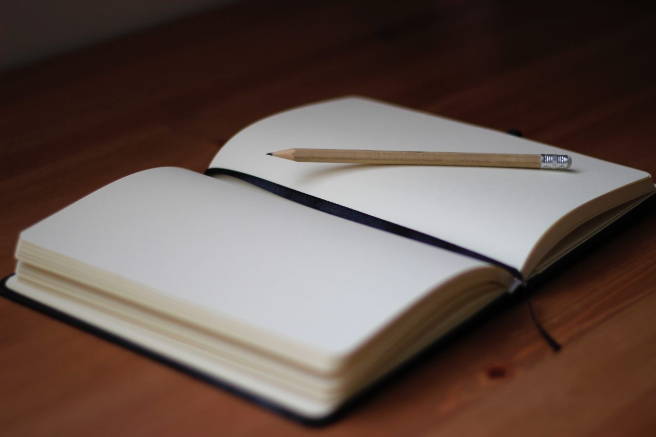 A notebook, open to a blank page
