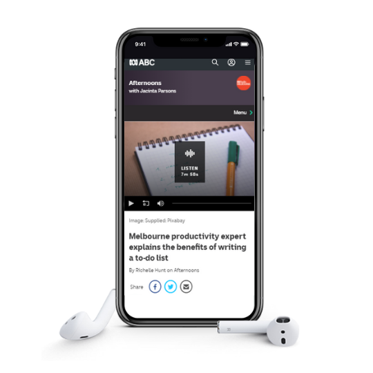 A smartphone features an audio clip from ABC Radio Melbourne. Beside it are two earbuds.