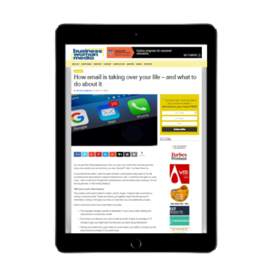 A tablet featuring an article on the Business Woman Media website