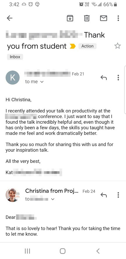 A screenshot of someone saying very nice things about Christina via email