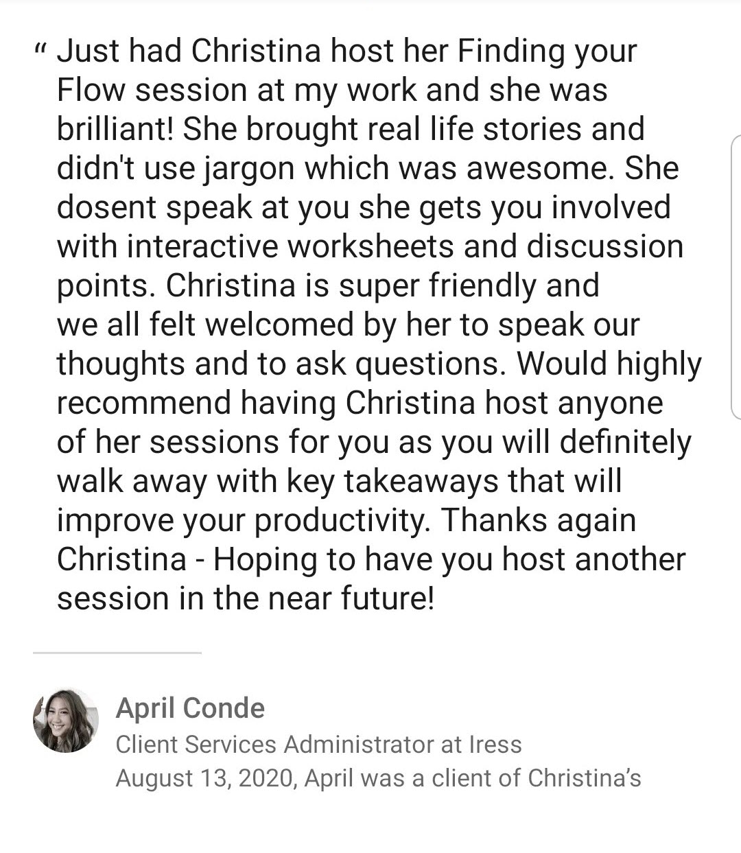 A screenshot of someone saying very nice things about Christina on LinkedIn
