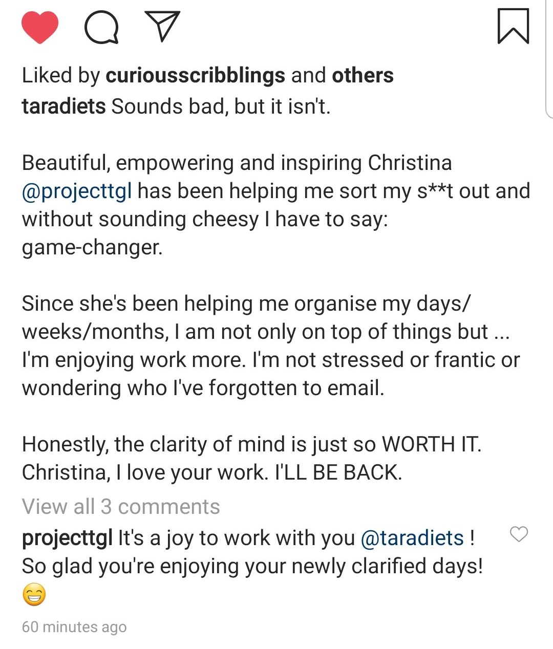 A screenshot of someone saying very nice things about Christina on Instagram