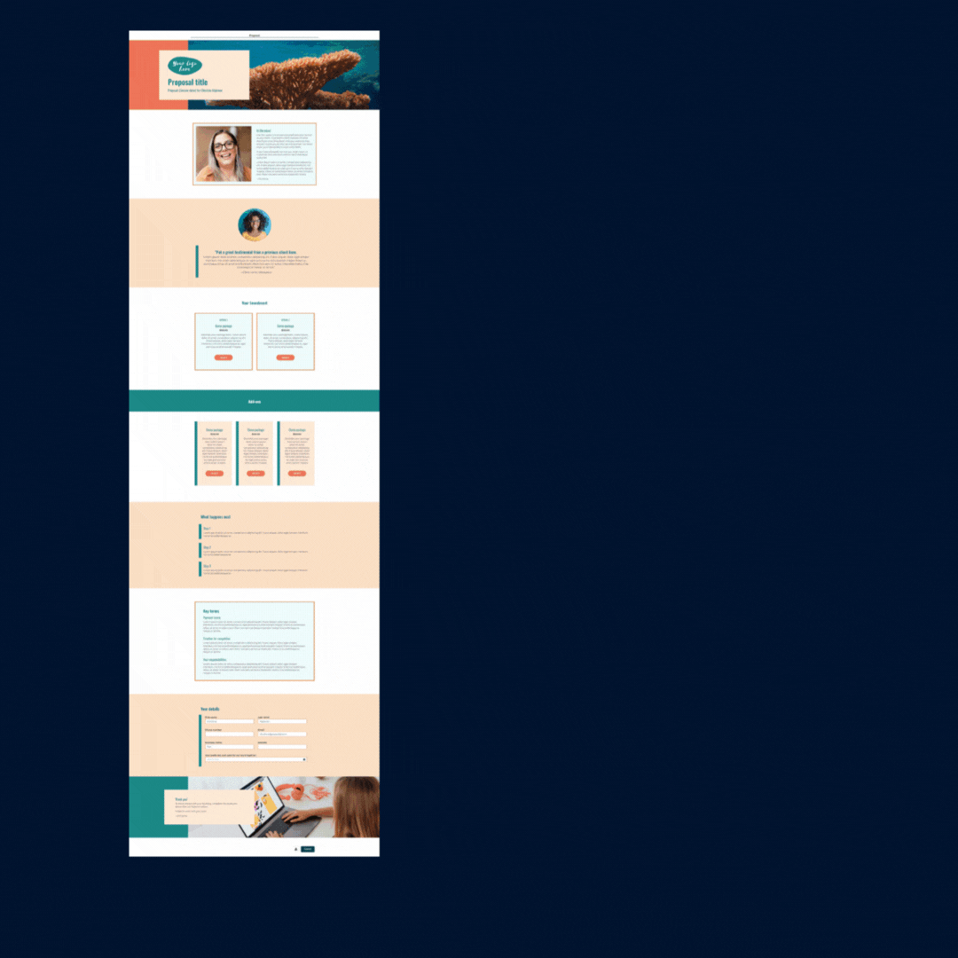 An animated image shows the full Forte Proposal template in peach and teal colours, transformed into a branded template with mint green and blue colours.