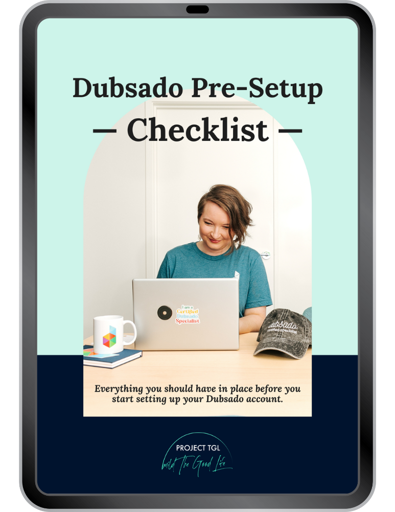 A tablet displays the front cover of the Dubsado Pre-Setup Checklist booklet, featuring a photo of Christina smiling while working on her laptop.