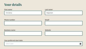 The same form, showing branded fonts and form fields with a brand-coloured border.
