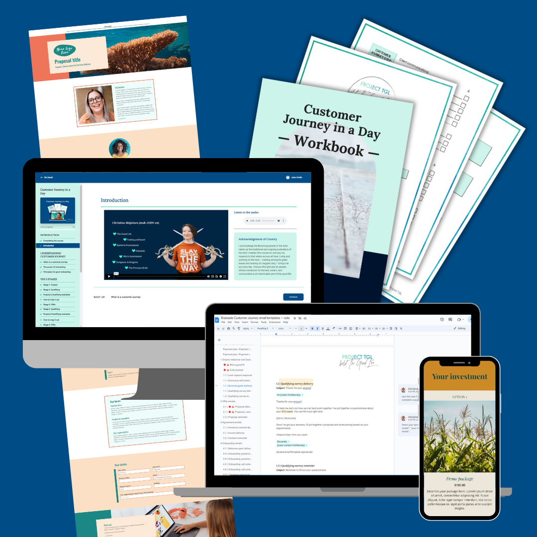Multiple computer screens and splayed out pages on a bold blue background show examples of courses, workbooks, and templates.